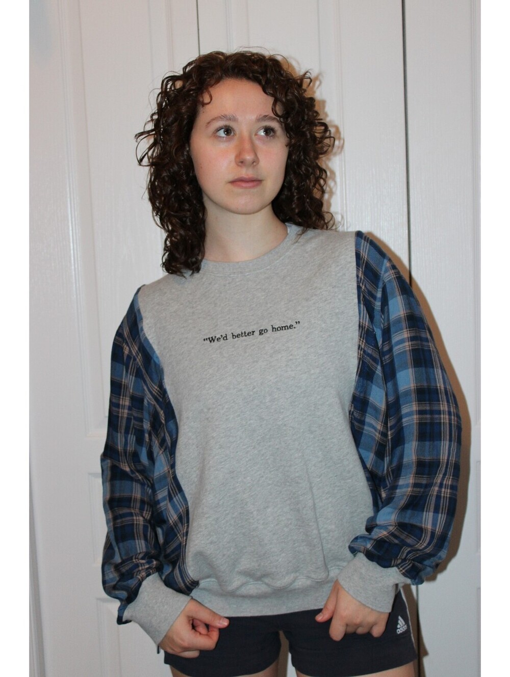 Grey Sweatshirt w/ Blue Plaid Sleeves & Disney Characters Graphic size Medium